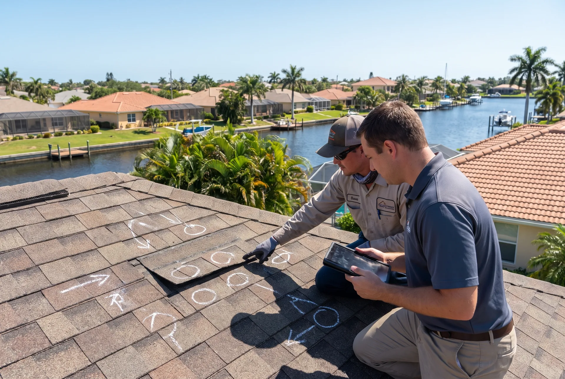 Roofing contractor and an insurance adjuster reviewing wind-lifted shingles with a tablet on a roof