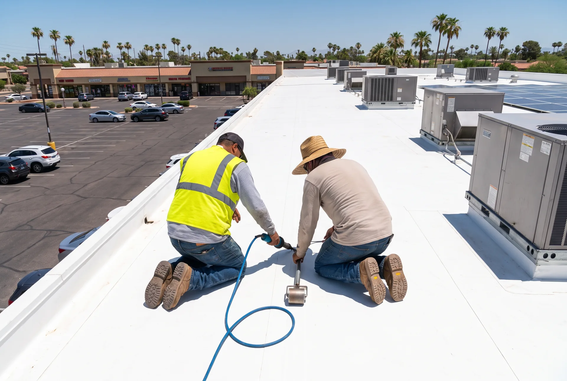 White TPO membrane being heat-welded on a low-slope commercial roof in Cape Coral